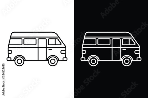 Minimal Camper Van Line Icon. Black and White Vector Illustration for Outdoor Adventure Design