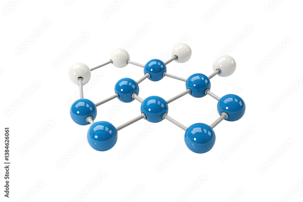 Simplified blue and white molecule structure in repeating lattice form, showing atomic bonding clearly, isolated on a transparent background Simplified blue and white molecule structure in repeating lattice form, showing atomic bonding clearly, isolated on a transparent background