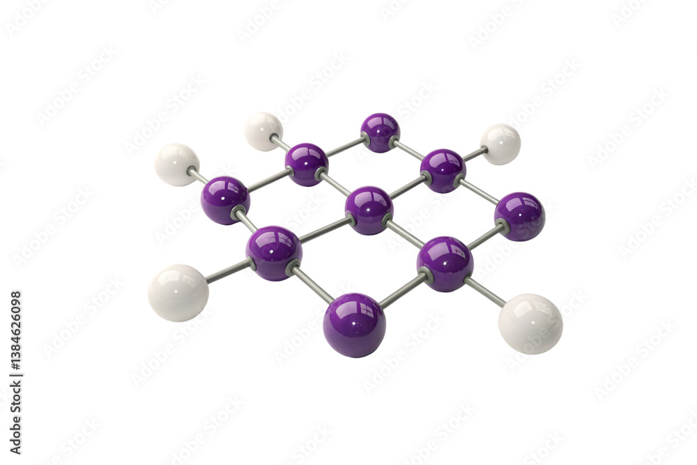 Obraz premium Molecular structure with purple and white atoms, connected by grey rods, arranged in cubic lattice, isolated on a transparent background