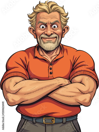 an old man in an orange shirt with his arms crossed