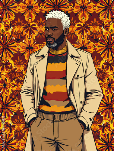 an illustration of a man standing in front of a floral background