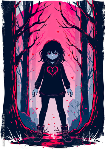 an illustration of a girl standing in the middle of a forest