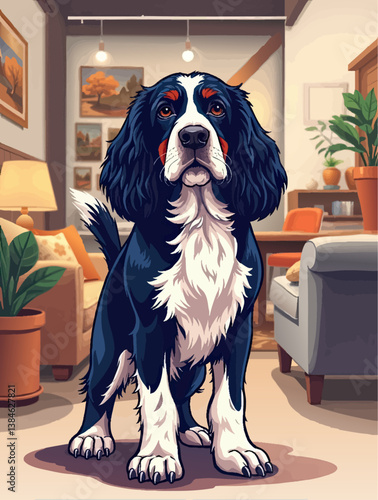 a black and white dog sitting in a living room