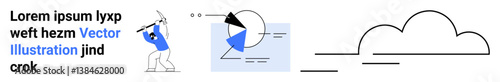 Worker with pickaxe mining data, pie chart, line graph, abstract cloud outlines, and text. Ideal for business analytics, innovation, productivity, technology teamwork marketing simple landing page