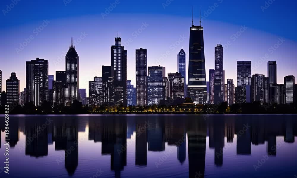 Night City Skyline Reflection in Purple and Blue Hues Night City Skyline Reflection in Purple and Blue Hues