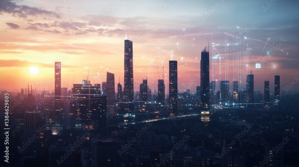 Fototapeta premium A cinematic ultra-HD depiction of a fully connected smart city skyline at dawn, featuring innovative building facades, real-time environmental monitoring,