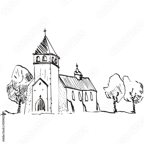 Elegant Landscape Church Surrounded by Blooming Gardens and Peaceful Countryside Setting