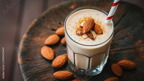 Almond Shake: Creamy almond shake with a smooth texture and a sprinkle of almonds