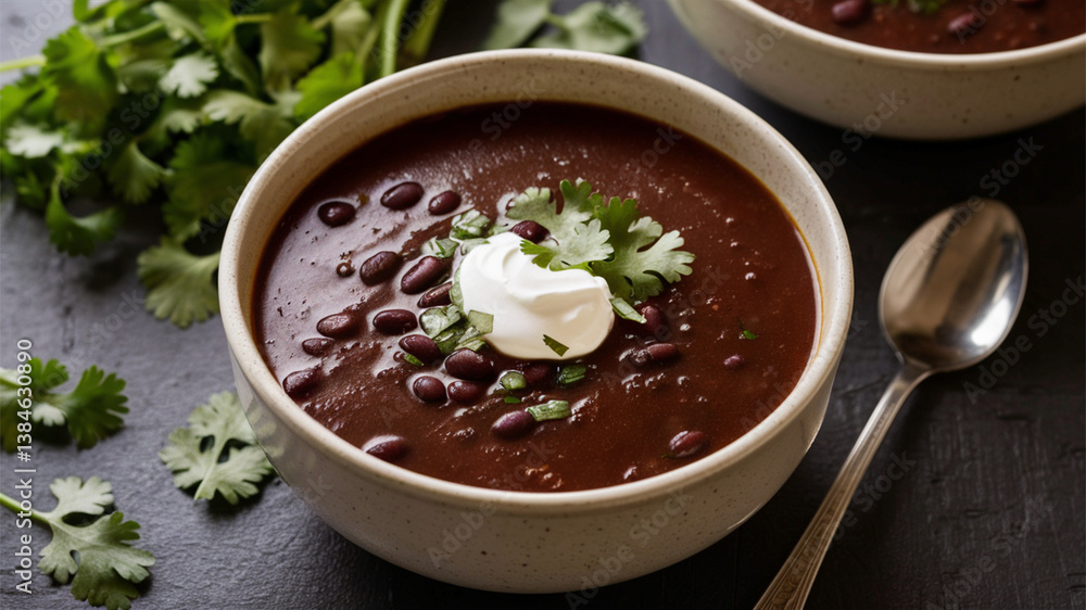 Black Bean Soup: Rich black bean soup with a smooth texture and garnished with fresh cilantro and a dollop of sour cream, Black Bean Soup: Rich black bean soup with a smooth texture and garnished with fresh cilantro and a dollop of sour cream,