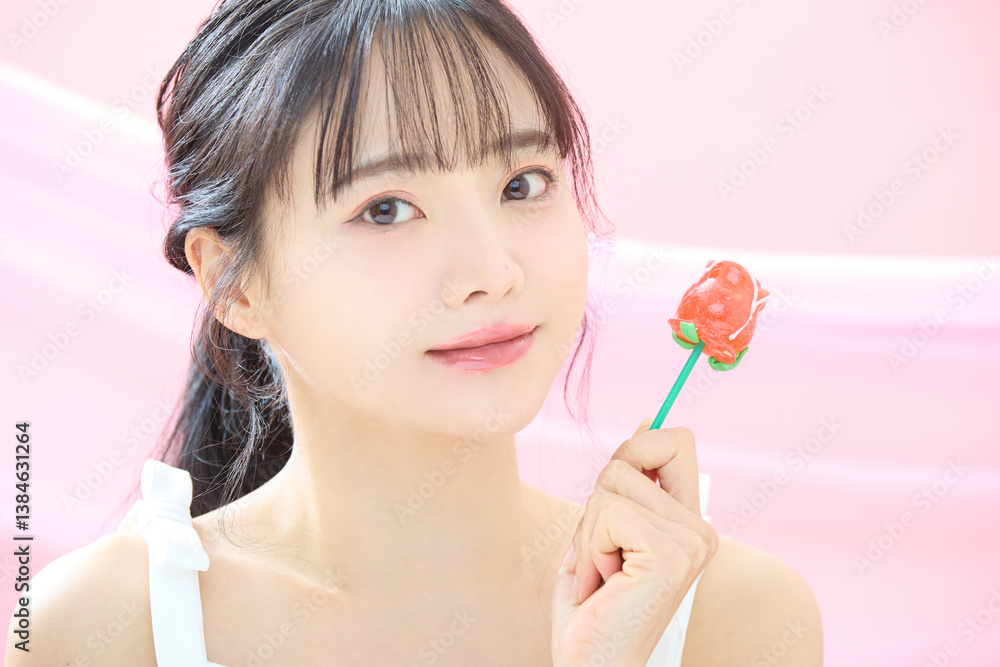 ピンク背景で撮影をした若い女性の爽やかな美容イメージ ピンク背景で撮影をした若い女性の爽やかな美容イメージ
