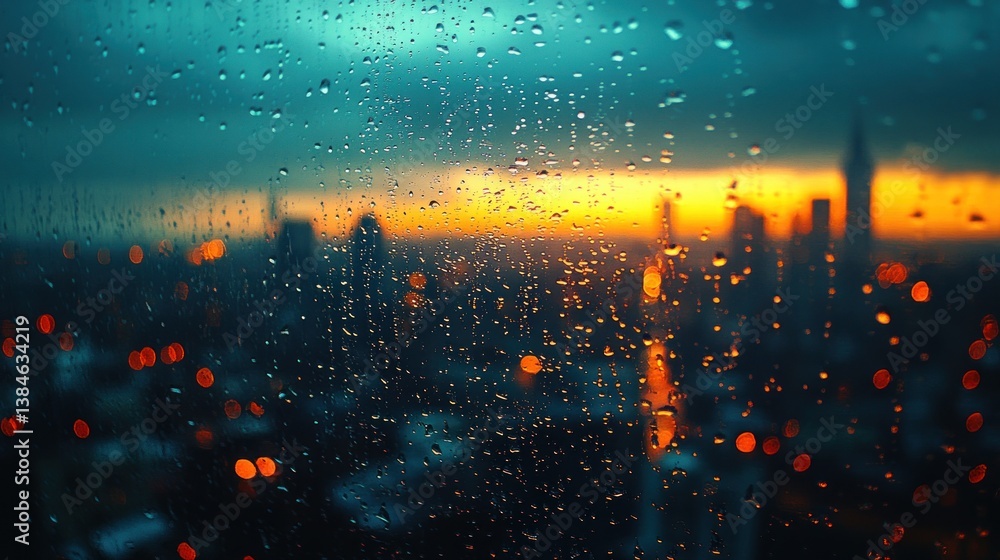 Obraz premium Rainy city sunset view through window