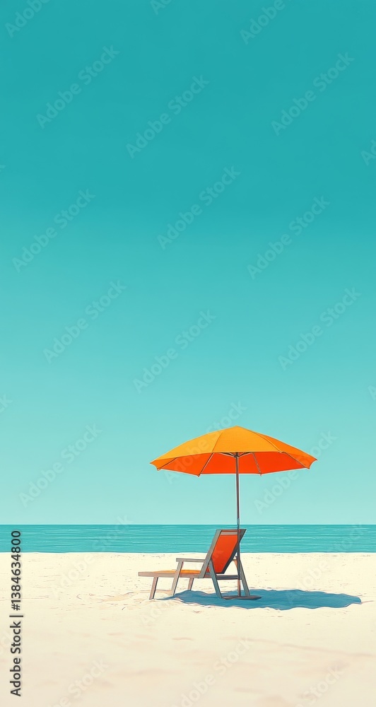 Tranquil beach scene under a vibrant orange umbrella.  Relaxing, summer day, perfect for vacation