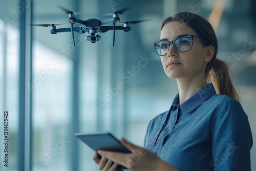 A woman uses a tablet to control a drone flying near a window.