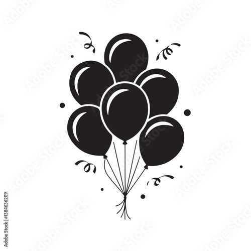  Black Silhouette of Floating Balloons Clustered in Air – Vector Illustration of Party or Celebration Balloon Decoration in Simple Icon Style