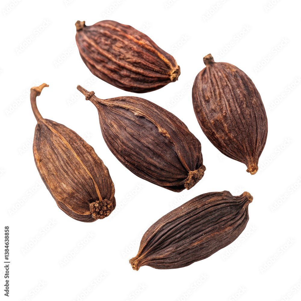 A collection of five dark, elongated seeds, showcasing distinct ridges and textures, emphasizing their unique shapes.