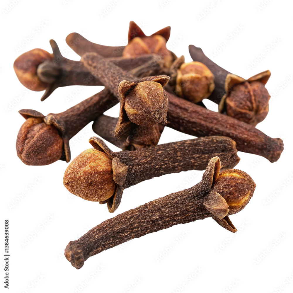 A cluster of dried cloves, showcasing their unique bulbous shapes and textured surfaces, commonly used as a spice in cooking and baking. A cluster of dried cloves, showcasing their unique bulbous shapes and textured surfaces, commonly used as a spice in cooking and baking.