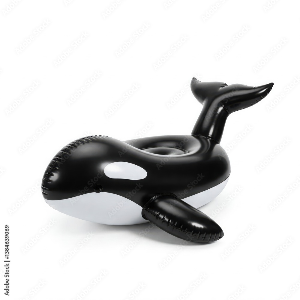 Obraz premium Inflatable Orca Pool Float. Black and White Summer Toy on White Background. Fun Beach Accessory, Summer Activities, Swimming Pool, Vacation.