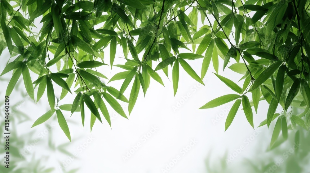 Naklejka premium Lush Green Bamboo Leaves Hanging Down Against a Bright Background a Perfect Natural Frame for Your Design