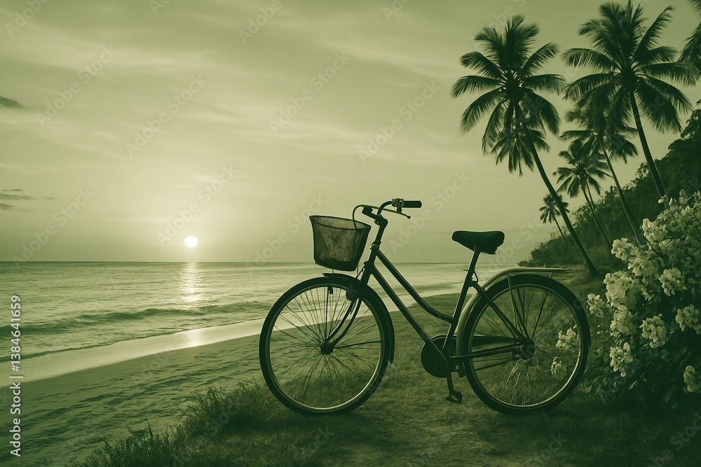 Obraz premium Bicicleta junto al mar al atardecer con palmeras y flores tropicales, escena serena que transmite libertad, vacaciones y contacto con la naturaleza en la playa