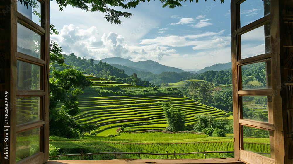 Fototapeta premium Stunning view of rice terraces through open window, breathtaking landscape scenery