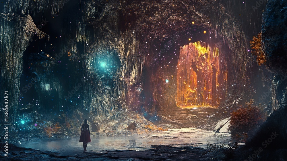 Obraz premium Woman in a Magical Cave: A Journey into Fantasy
