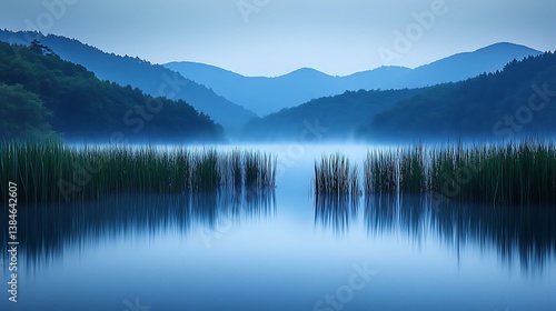 Fototapeta Naklejka Na Ścianę i Meble -  Serene lake mist with mountain view.