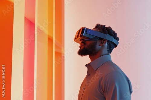 A man wearing a VR headset, experiencing immersive virtual reality against a vibrant orange backdrop.