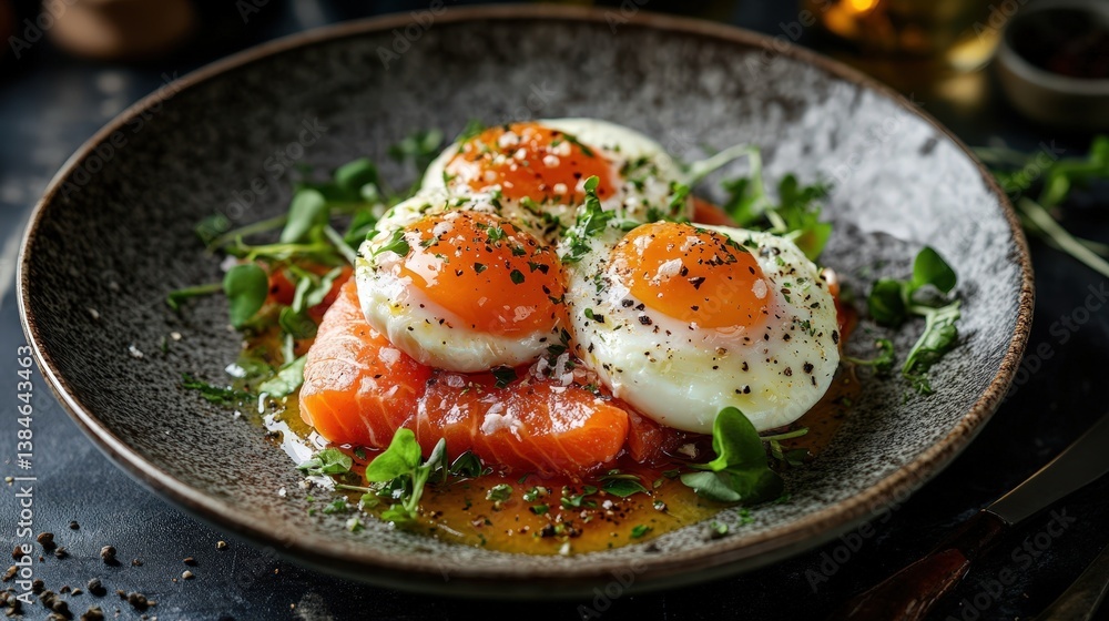 Delicious Poached Eggs with Smoked Salmon and Microgreens Gourmet Breakfast Dish Delicious Poached Eggs with Smoked Salmon and Microgreens Gourmet Breakfast Dish
