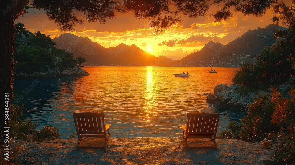 Two chairs face tranquil golden sunset waters Two chairs face tranquil golden sunset waters