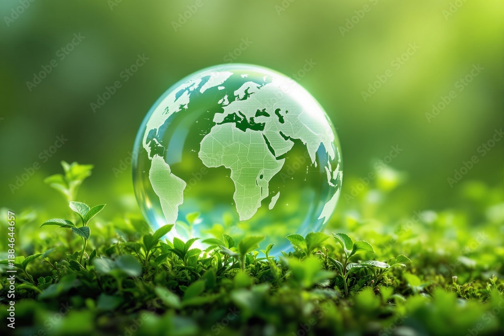 Transparent globe with world map on fresh green grass, symbolizing global environmental protection and sustainability. Transparent globe with world map on fresh green grass, symbolizing global environmental protection and sustainability.