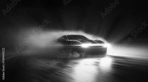 Nighttime sports car drifting, snowy road, headlights, motion blur, automotive advert