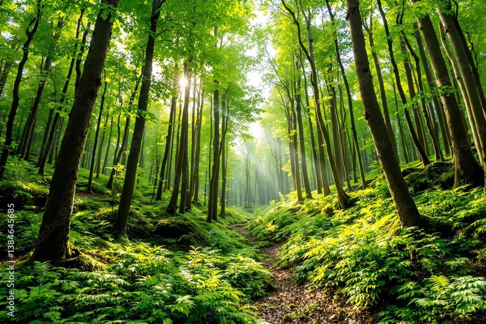 Fototapeta premium Serene green forest with sunlight filtering through tall trees.