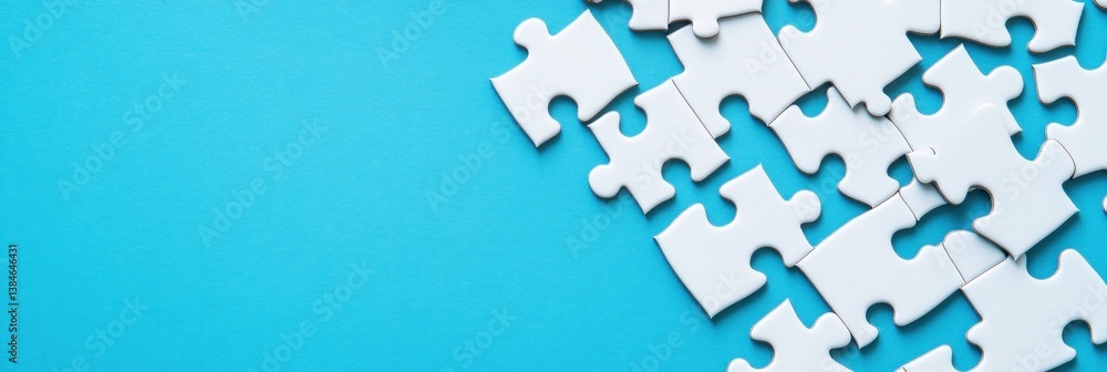 White jigsaw puzzle pieces on a turquoise background White jigsaw puzzle pieces on a turquoise background