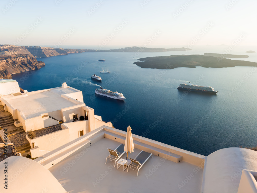 White architecture in Santorini island, Greece. Beautiful seascape at sunset.