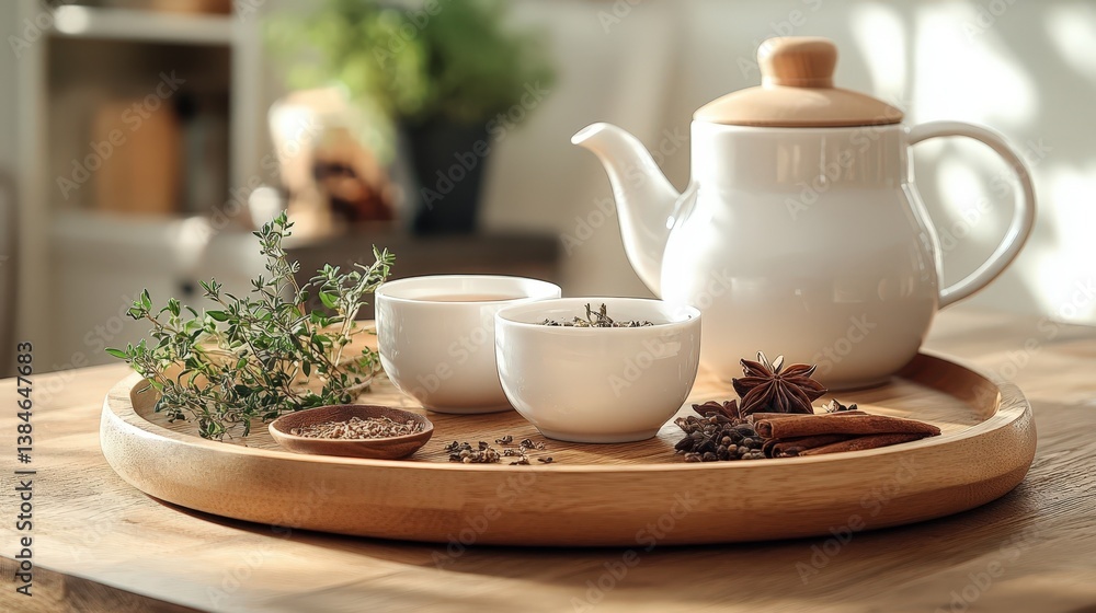 Aromatic Herbal Tea Preparation Cups Kettle Spices and Herbs on Wooden Tray Aromatic Herbal Tea Preparation Cups Kettle Spices and Herbs on Wooden Tray