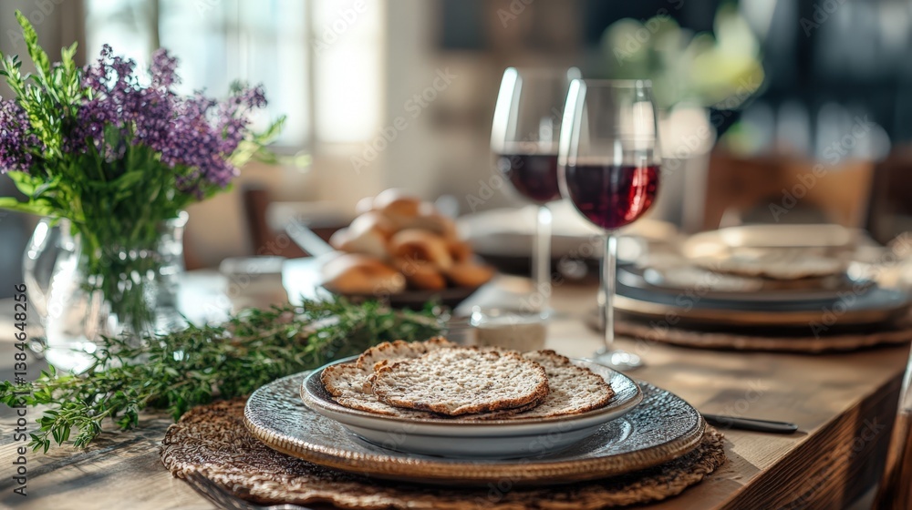 Naklejka premium Rustic Table Setting with Bread Wine Glasses and Herbs A Cozy Dinner Scene