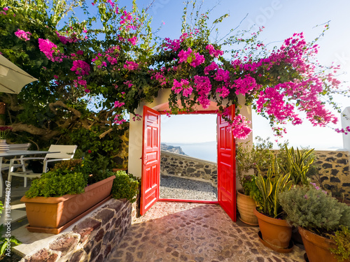 Obraz na płótnie Santorini island, Greece. Beautiful patio with red door and blooming pink flowers. w salonie