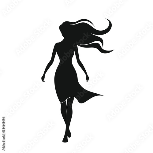 a black silhouette of a woman walking forward.eps