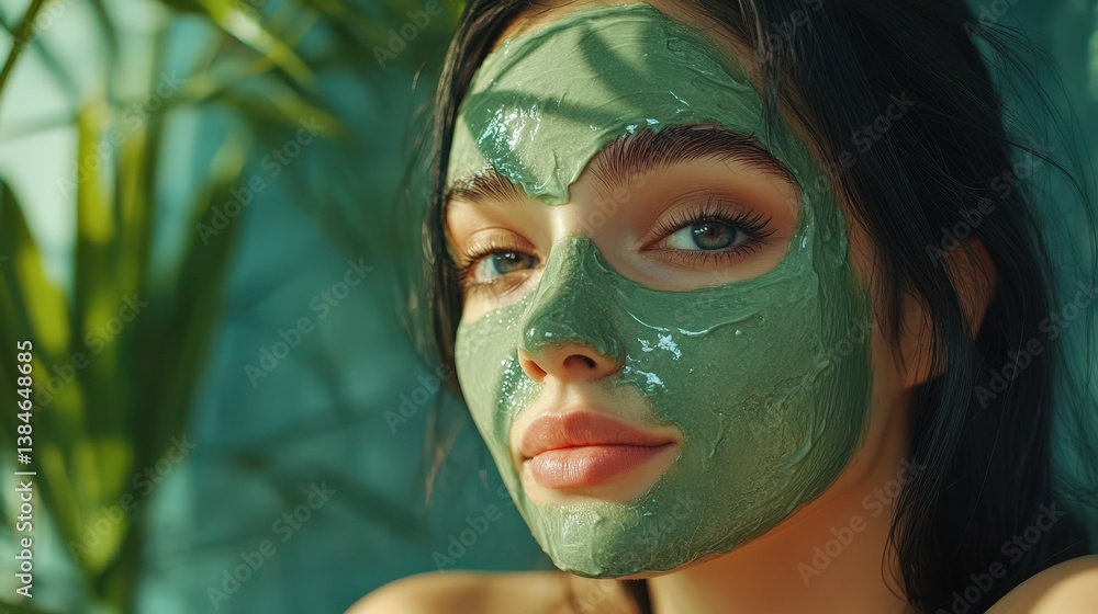 Woman with Green Clay Mask for Facial Treatment Beauty Skincare Routine Woman with Green Clay Mask for Facial Treatment Beauty Skincare Routine