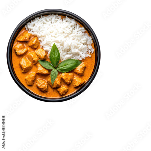 spicy chicken curry served with fluffy rice isolated against a transparent background.