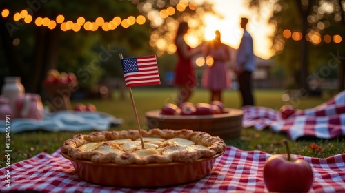 Patriot day picnic with american flag and pie
