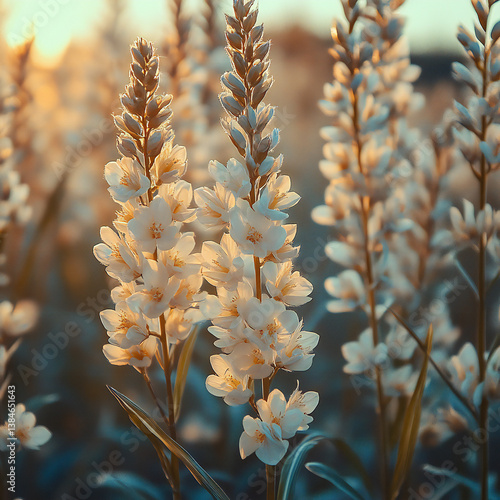 A close-up of a delicate wildflower in a meadow with a blurred background of tall grasses