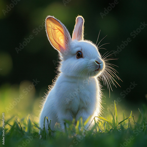 A close-up of a fluffy white rabbit nibbling on a patch of green grass in a meadow