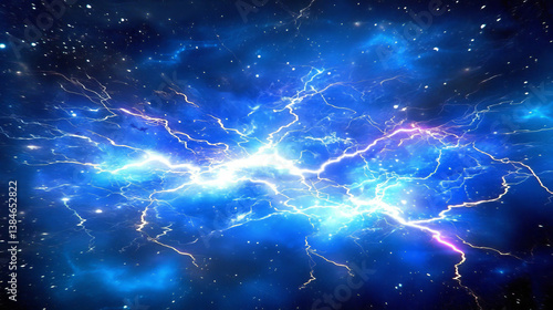 Lightning thunder bolt, thunderstorm electric flash effect on vector background. Thunderbolt light and storm sparks, realistic energy lighting in blue sky, voltage power charge and electricity strike