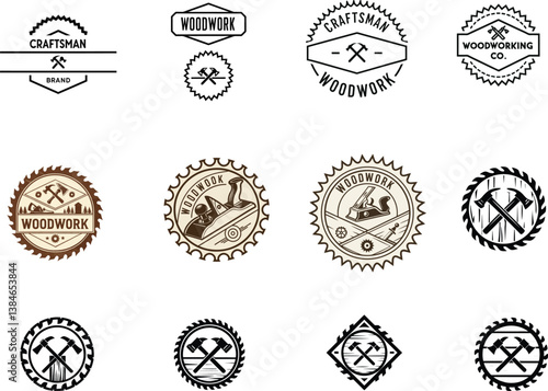 Vintage Woodworking Logos and Circular Emblems Featuring Retro Tools, Crossed Axes, Carpenter Symbols, Rustic Badges, Monochrome Icons, and Distressed Vector Illustrations