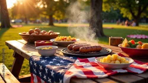 Patriot day picnic with american flag and sausages
