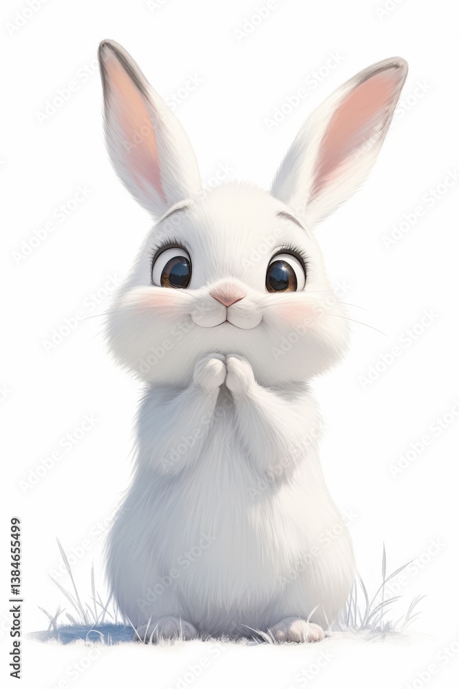 Fototapeta premium Cute, fluffy white rabbit with big eyes and a hopeful expression stands tall