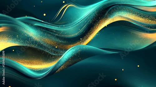 Abstract waves of teal and gold flowing gracefully with shimmering particles in the backdrop