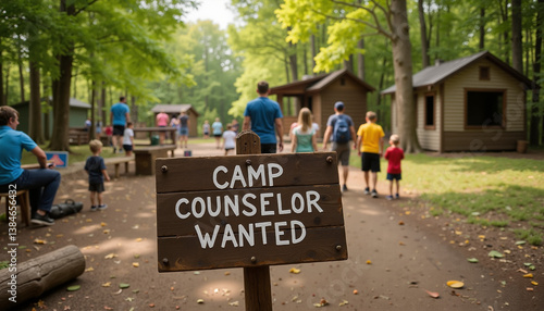 Camp Counselor Wanted Sign with Families Walking in Summer Forest  
