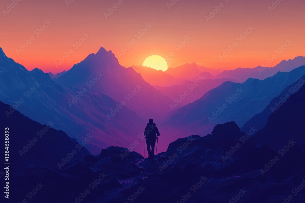 Silhouette of a hiker trekking across a mountain range during a vibrant sunset. Silhouette of a hiker trekking across a mountain range during a vibrant sunset.